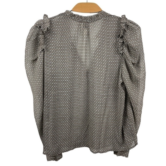 ** NEW Joie Sheer Brown Patterned V Neck Ruffle Shoulder Blouse Size M - Picture 3 of 6